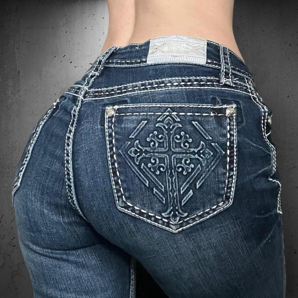 Grace in LA Cross Pocket Detail Medium Dark Wash Easy Fit Mid Rise Bootcut Jeans
